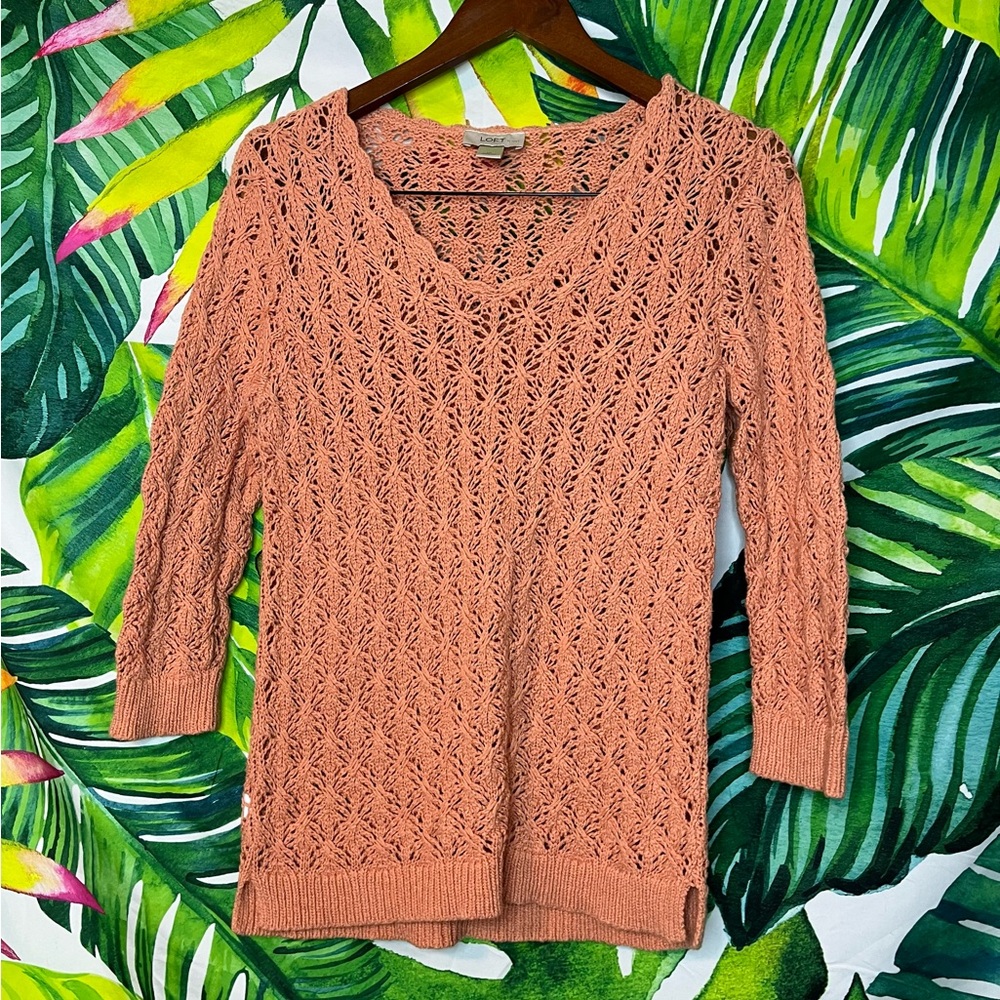 Ann Taylor Womens LP Orange Peach Crochet Open Knit Sheer Spring Summer Sweater